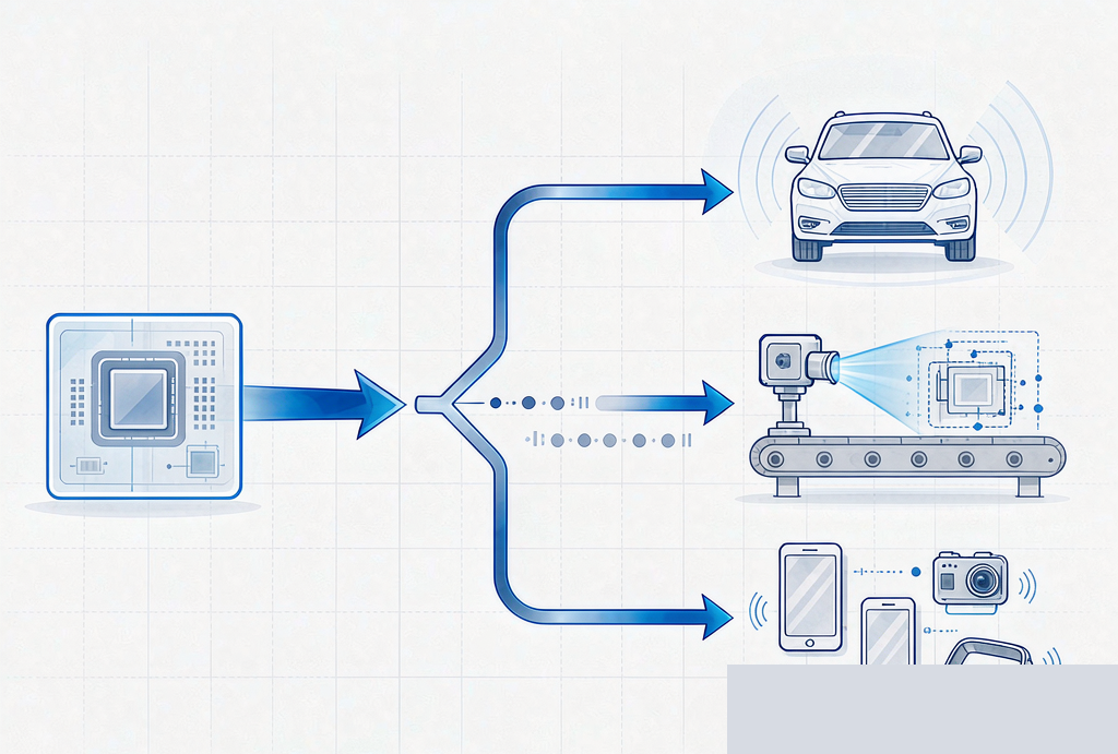 Diagram of the CMOS sensor cross-sector capacity scramble: advanced-process lines split toward automotive ADAS, industrial machine vision, and consumer electronics, with industrial camera orders queued behind
